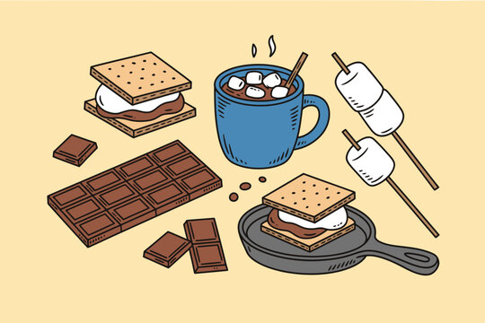 Ilustraci&oacute;n dibujada a mano con deliciosos s'mores, barras de chocolate, malvaviscos tostados y una taza de chocolate caliente