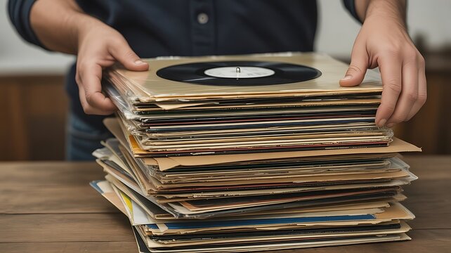 A person holding a large stack of vintage vinyl records in paper sleeves on a wooden table, focusing on music collection and retro audio nostalgia
