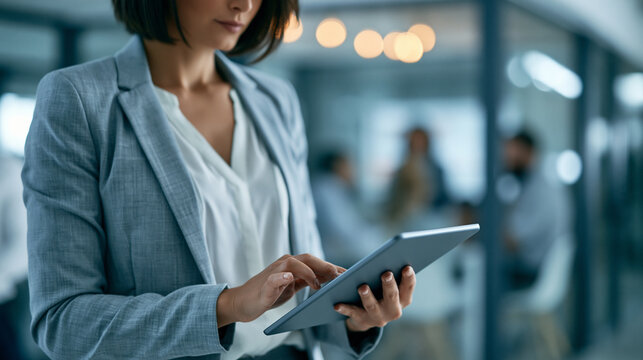 Faceless businesswoman using a digital tablet in a modern office hallway to review project dashboards and update tasks, defocused team collaborating in a glass meeting room behind