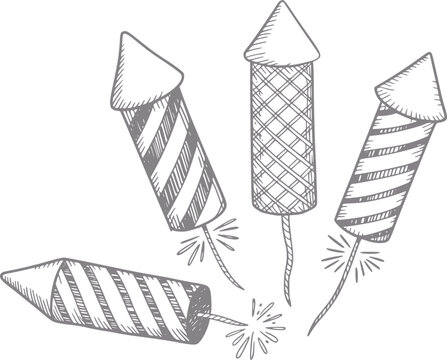 Dibujo a mano de cuatro cohetes de fuegos artificiales festivos con patrones de rayas y sombreado sobre fondo blanco