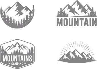 Fototapeta premium Conjunto de cuatro insignias de aventura en la montaña y el bosque de estilo vintage para branding de camping y senderismo