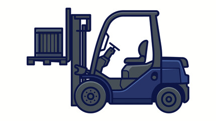 Industrial forklift vector illustration, blue warehouse lift truck carrying cargo crate, heavy machinery for logistics and shipping services © MUKTARANI