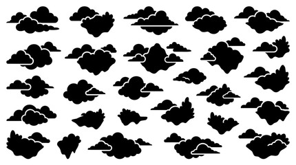 Fototapeta premium Black cloud silhouette icons set, 28 flat weather vector elements, dark storm and cumulus cloud shapes for infographic design