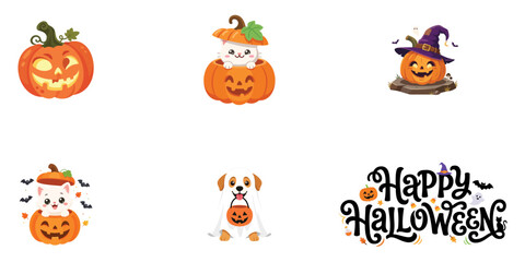 Fototapeta premium Cute Halloween sticker collection with pumpkins, ghost dog, kitten, festive lettering and flat cartoon vector illustrations