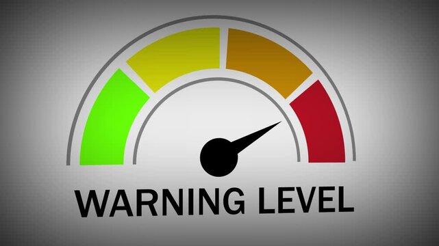 Dynamic warning level gauge meter animation featuring a moving needle moving across color-coded risk zones from green to red indicating escalating danger levels for industrial safety and risk analysis
