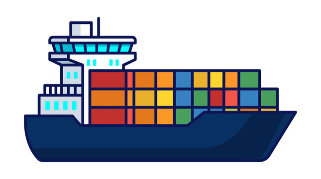 Cargo ship vector illustration, industrial container vessel for global trade, maritime freight transport icon with colorful shipping containers