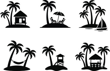 Obraz premium Tropical island silhouettes with palm trees huts and beach elements in black tree