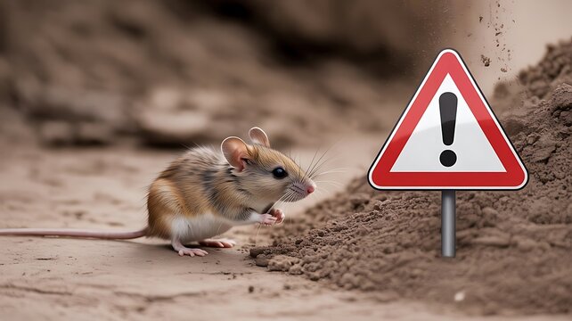 A small brown field mouse standing on dirt ground next to a red and white triangular warning sign with an exclamation mark symbol in the center