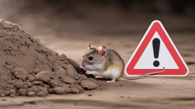 A small brown mouse standing next to a dirt mound near a red and white triangular warning sign with an exclamation mark, symbolizing pest control