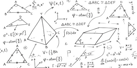 Hand drawn geometry and calculus math formulas on a blackboard background © md