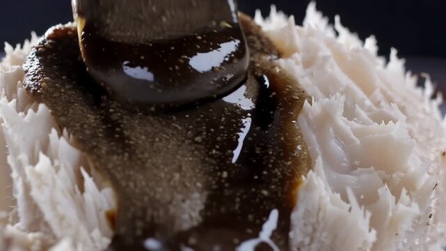 Close-up of a unique white coral-like mushroom with dark toppings.