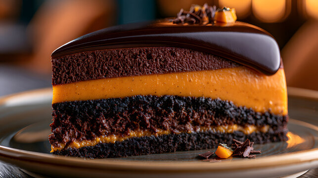 Chocolate caramel mousse cake slice