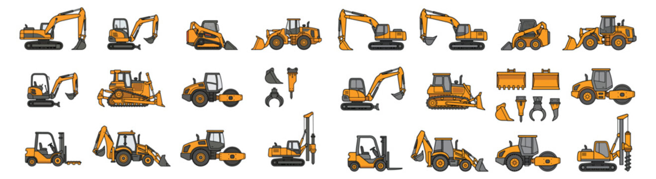 Construction Vehicles Set Illustration &mdash; Excavator, Bulldozer, Loader, Backhoe and Heavy Equipment Icons 