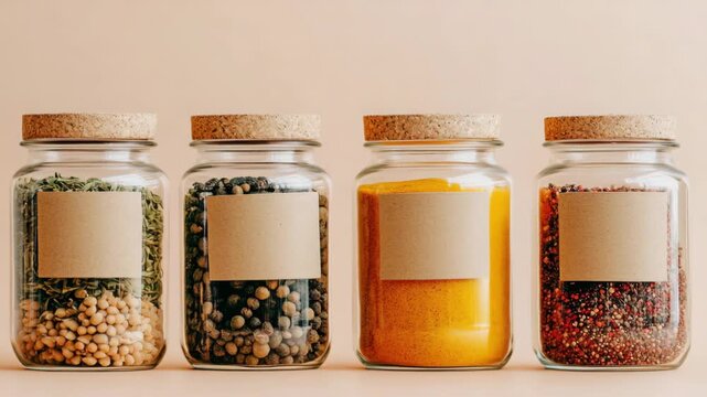 elective focus glass spice jars with kraft labels and soft shadows