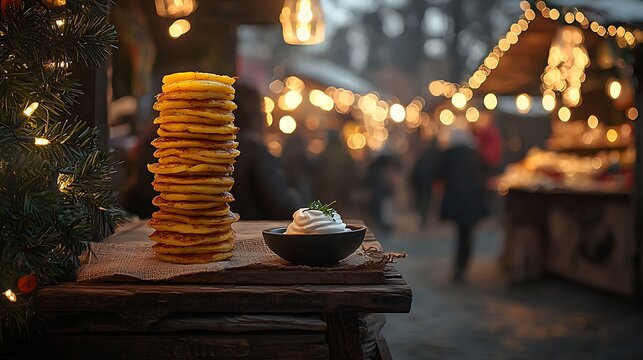 Slovakia, Slovak outdoor Christmas market scene with aged rustic wooden table partially covered by natural burlap fabric