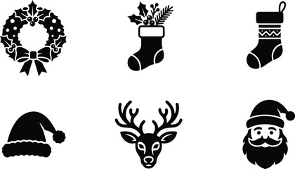 A collection of black and white hand drawn christmas icons featuring a wreath stocking reindeer santa claus and winter holiday elements © Rujina