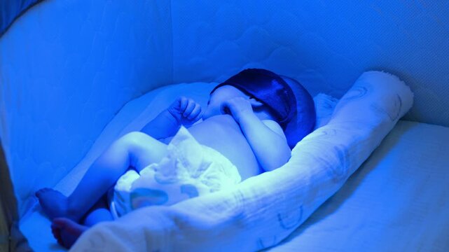 Newborn baby undergoing blue light phototherapy treatment for jaundice wearing protective eye mask and lying in a medical crib to treat high bilirubin levels in the hospital