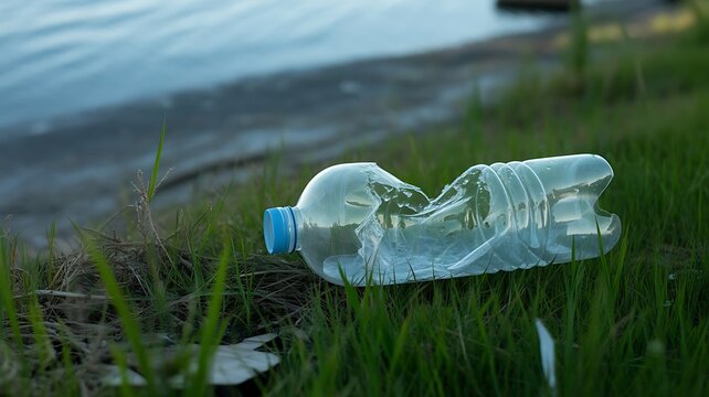 An empty crushed plastic water bottle discarded on the green grass near a river bank, highlighting environmental pollution and waste management issues