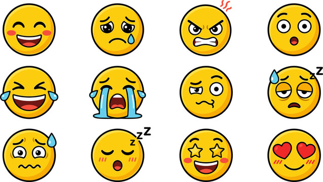 Large Vector Grid Collection of Cute Yellow Emoji Icons Showing Diverse Kawaii Faces Expressions Emotions and Feelings for Mobile Social Chat Application Layouts