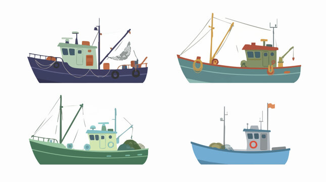 Collection of Cartoon Fishing Boats with Nets and Cabins, Isolated