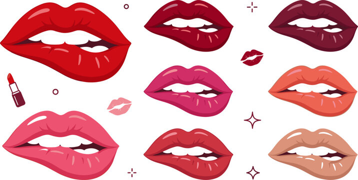 Large Vector Collection of Lip Biting Icons in Diverse Shades Comparing Classic Red Hot Pink Burgundy and Nude Lipsticks for Beauty Salon App Menus
