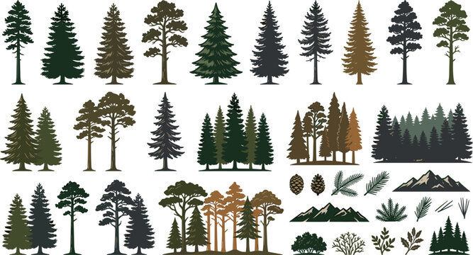 Large Vector Collection of Vintage Pine Tree Silhouettes Conifer Forests Timber Wood Pinecones and Rocky Mountain Ridges for Alpine Outdoor Adventure Branding