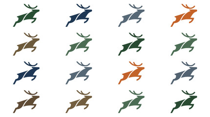 Colorful stylized jumping reindeer silhouettes in grid layout. © Luke