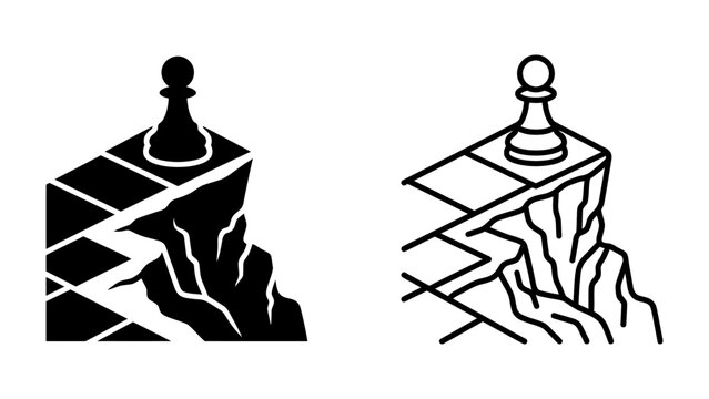 Cliff Edge Chess: A chess pawn stands precariously on the edge of a cliff, symbolizing strategic risk and the potential for a game-changing move in a high-stakes situation.