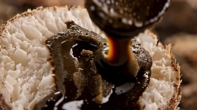 Close-up of Dark Liquid Pouring onto White Mushroom Gills.