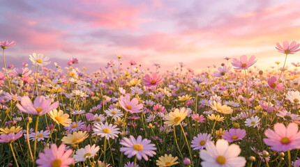 Fototapeta premium Wildflower Cosmos Meadow in Full Bloom under Soft Pink and Purple Sunset Sky