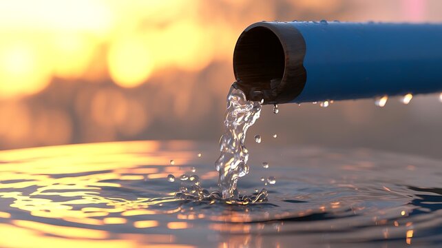 Clear water flowing from a blue pipe into a container, creating ripples and splashes against a warm, golden sunset background, symbolizing water