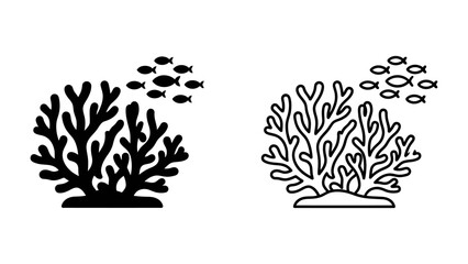 Coral Reef Icons: A set of stylized icons depicting a vibrant coral reef with a school of fish swimming nearby, representing marine life and underwater ecosystems. © Raima