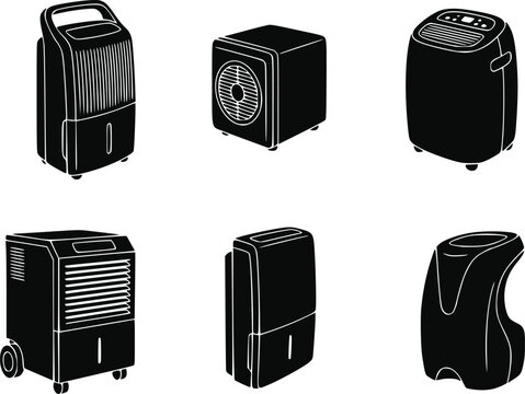 Black silhouette collection of portable air conditioner and dehumidifier units on white background isolated on white background