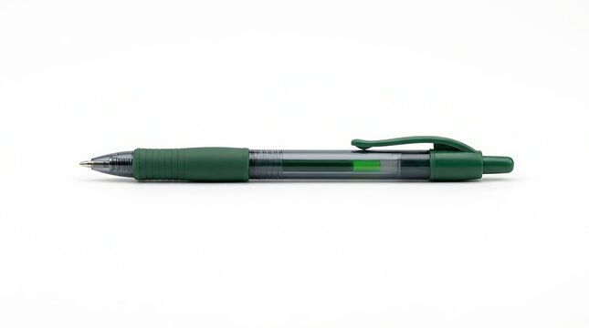 Single green ballpoint pen isolated on white background.