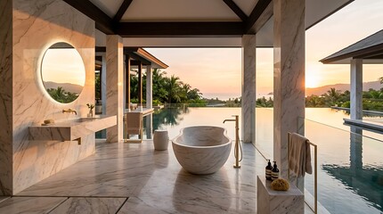 Fototapeta premium Bathroom suite features a circular backlit mirror and a stone bathtub placed on a marble floor near an infinity pool.