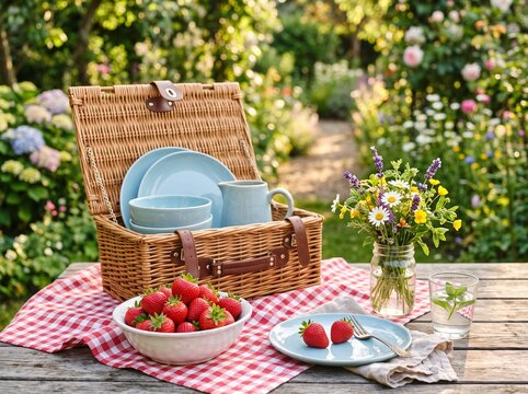 Charming summer garden picnic setup with open wicker hamper basket blue ceramic crockery fresh strawberries bowl red gingham checkered tablecloth