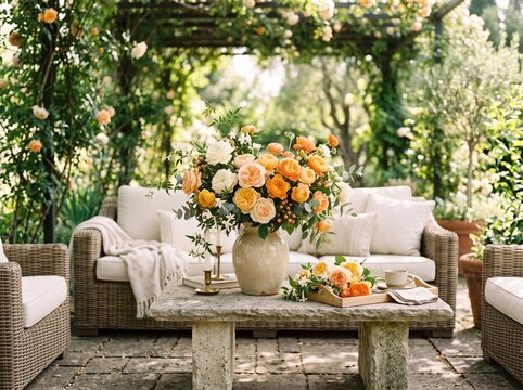 Lush peach orange rose bouquet ceramic vase stone table wicker sofa pergola garden patio candles tray cup elegant outdoor living