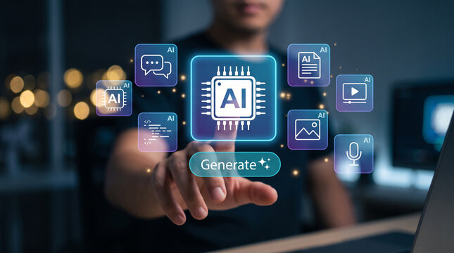Man touching virtual screen with generative AI chip icon and multi modal content creation buttons concept