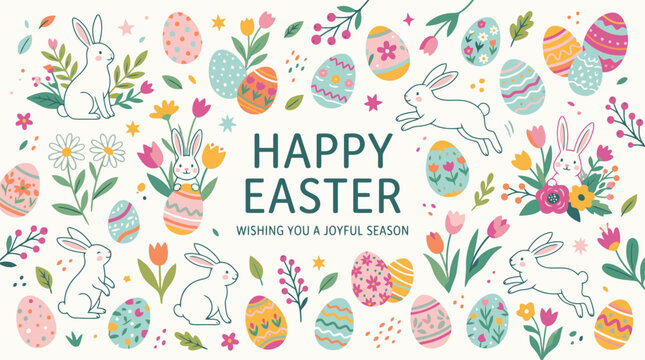 Happy easter greeting card with cute bunnies and colorful eggs