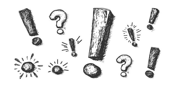 Hand drawn sketch style exclamation and question marks collection for punctuation and ideas vector illustration.
