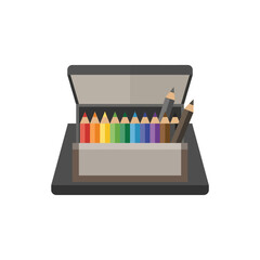 Fototapeta premium Colored pencils in open stationary desk box