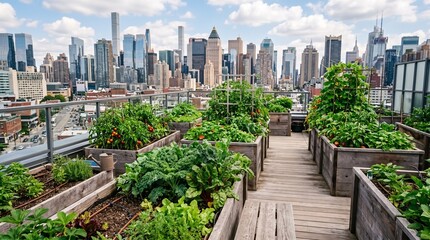 Fototapeta premium Urban rooftop garden with fresh vegetable harvest. Sustainable city farming on modern skyscraper terrace with panoramic view.