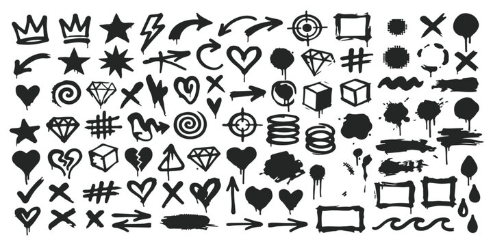 Set of hand drawn graffiti spray paint elements including hearts stars arrows and geometric shapes