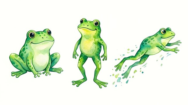 Three green cartoon frogs in different poses: one sitting, one standing, and one leaping with water splashes