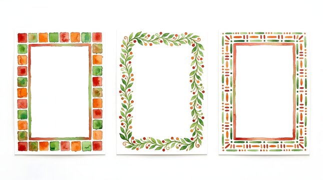 A festive collection of three decorative borders with holiday themes. The borders are rendered in watercolor, featuring elements like holly berries and plaid patterns in warm.