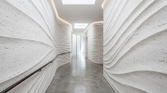 Futuristic white corridor with organic wave textured walls, modern minimalist interior architecture, luxury hallway with fluid 3D wall panels and polished floor