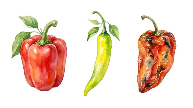 A still life watercolor painting showcasing three different chili peppers: a red bell pepper, a green jalape&ntilde;o, and a dried, shriveled pepper. The contrast highlights freshness and decay.