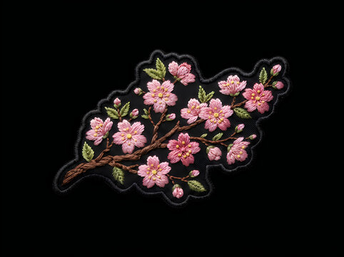 Cherry blossom flower branch embroidery patch design on black background with embroidery blossoms stitched needlework appliqu&eacute; decorative embellishment isolated
