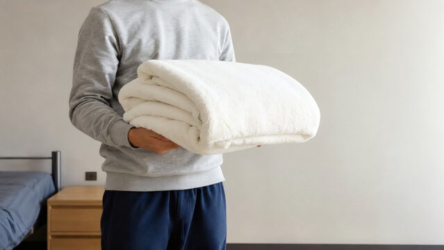 Close up of a person holding a soft folded white blanket in a bedroom with material interior household domestic housework bedspread comforter