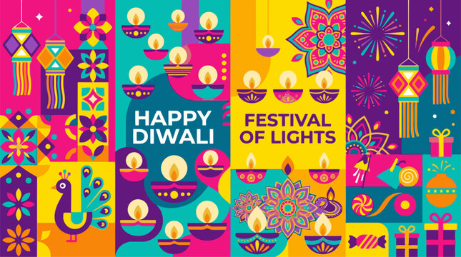 Happy diwali festival of lights colorful flat vector design